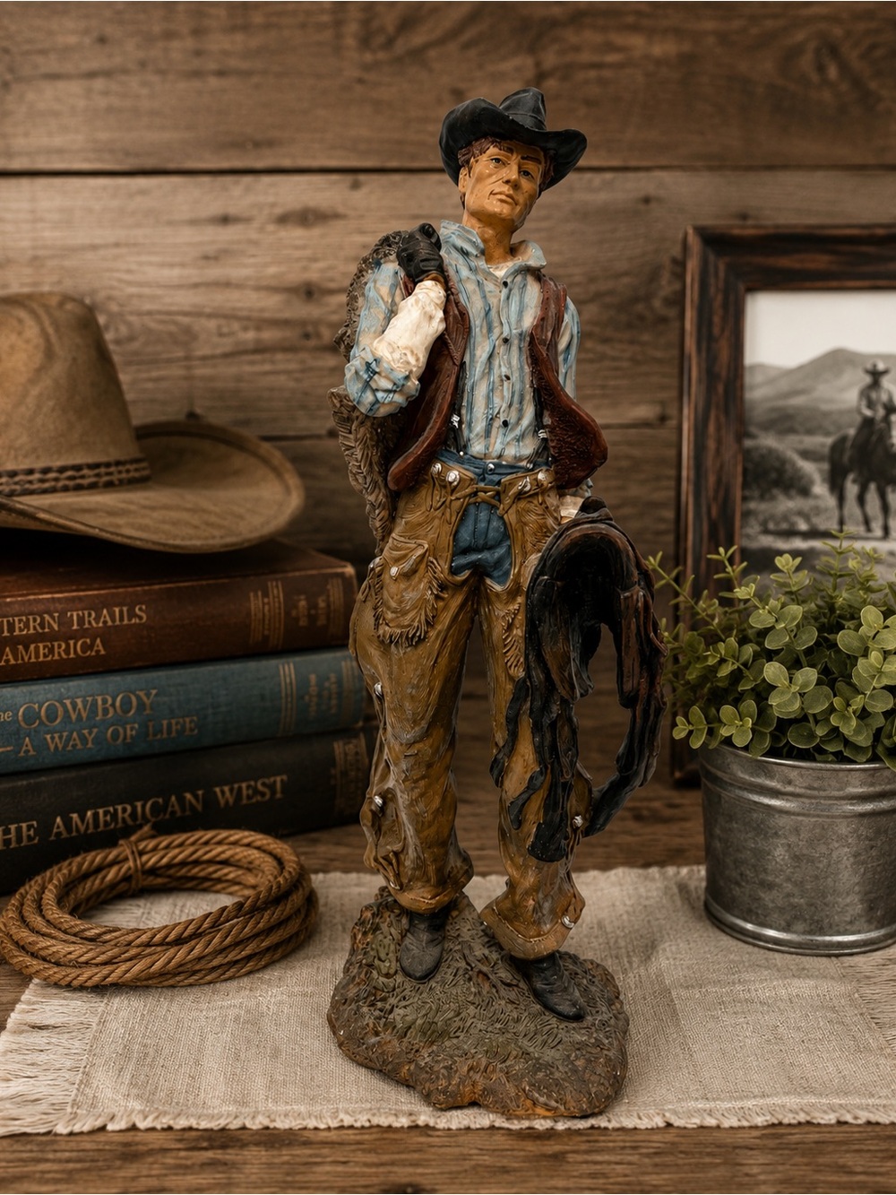Vintage Montana Cowboy Figurine 18” Handmade Western Sculpture Ranch Lodge